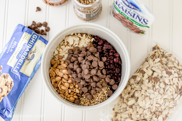 For best results, put all the ingredients into a bowl large enough to mix the trail mix easily without spilling.