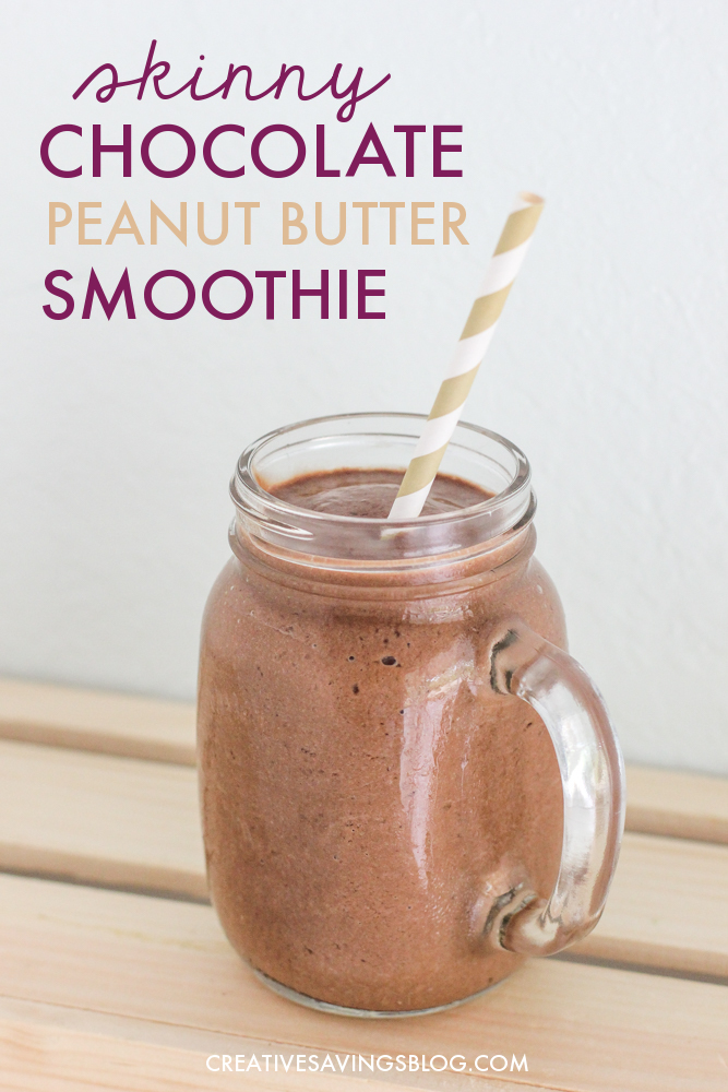 This Skinny Chocolate Peanut Butter Smoothie tastes like a decadent dessert, but packs a healthy, nutritious punch. Use as a meal replacement option for Breakfast, Lunch, or Dinner...it's a convenient treat you can enjoy anywhere! #breakfastsmoothie #healthychocolatesmoothie #chocolatepeanutbuttersmoothie