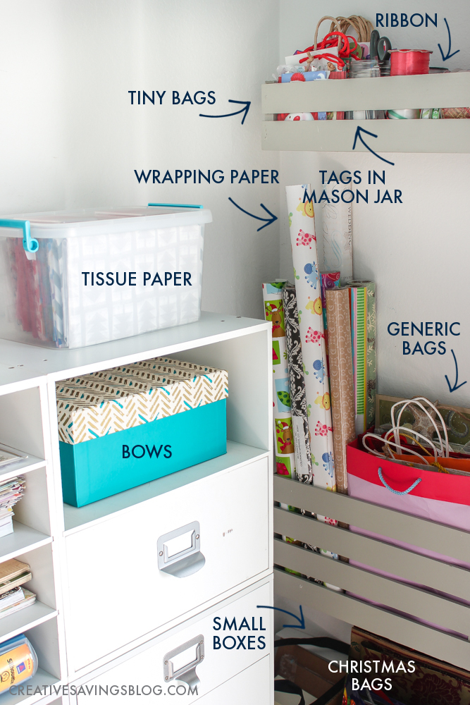 Don't fight against storage solutions that don't work. This functional {yet cute} gift supply organization center provides a place for wrapping paper, tissue paper, ribbon, and bags, without getting crushed or crinkled. It fits perfectly inside a small closet!