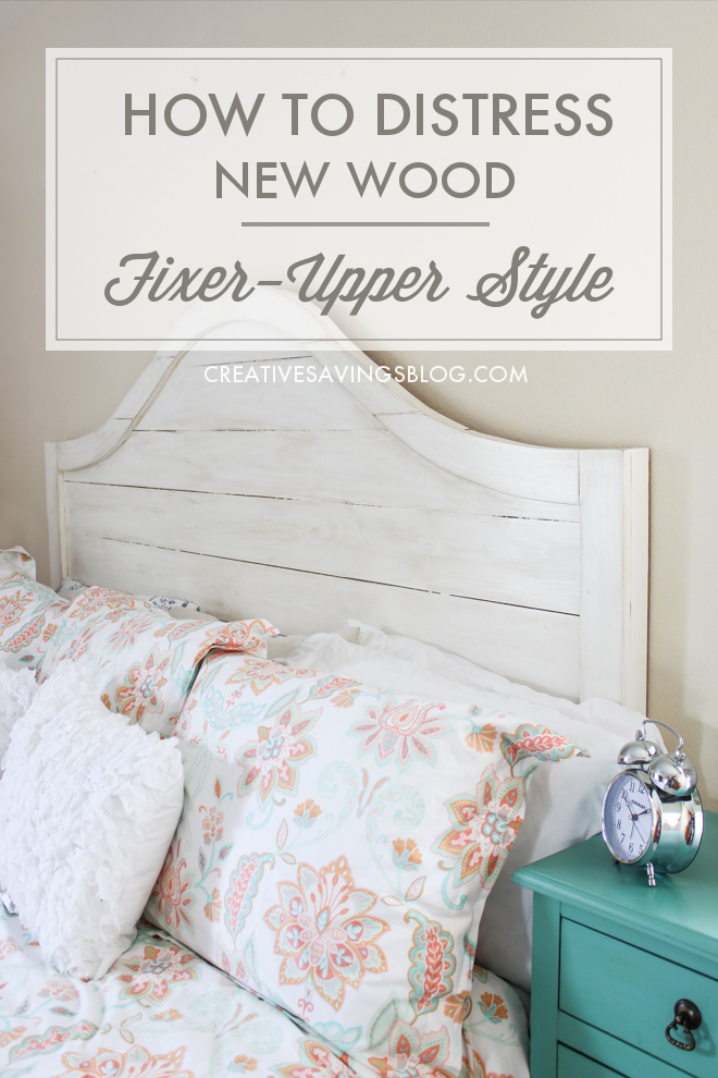 If you love HGTV's Fixer Upper, you'll love this super simple distressing technique. It makes new wood look old with Joanna Gaines' signature Rustic Farmhouse and Shabby Chic style. In fact, this headboard is an exact replica of the one she has in her own bedroom! #joannagaines #distressnewwood #fixerupper #fixerupperheadboard #shabbychic