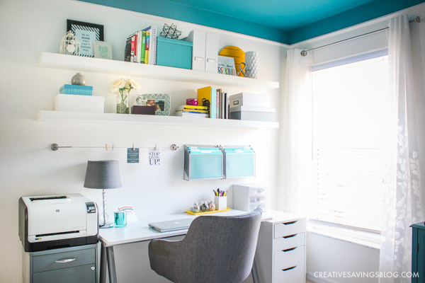 Need design ideas for your home office? This cozy and colorful space fuels creativity with a functional yet stylish design. You won't mind getting work done in an office like this!