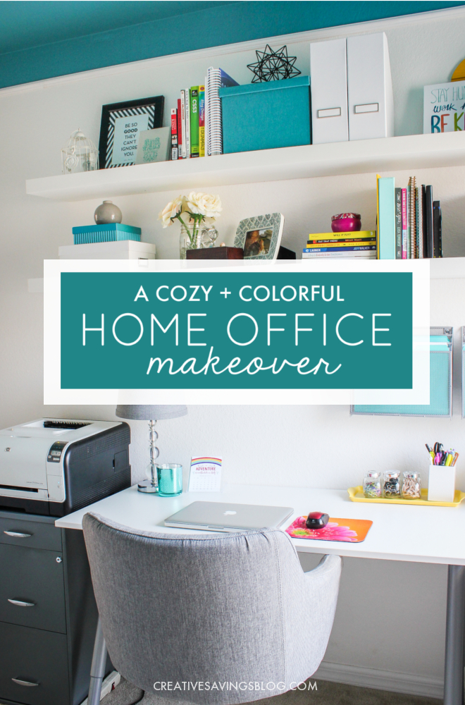 Need home office ideas? This cozy and colorful space fuels creativity with a functional yet stylish design. You won't mind getting work done in an office like this! #officemakeover #officeinspiration #officedecorideas #redecoratinginspiration
