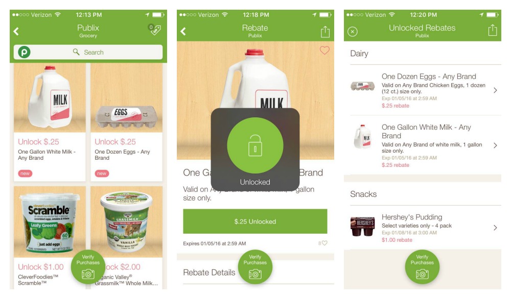 ibotta app review - shows product screen, product being unlocked, and then a list of unlocked rebates.