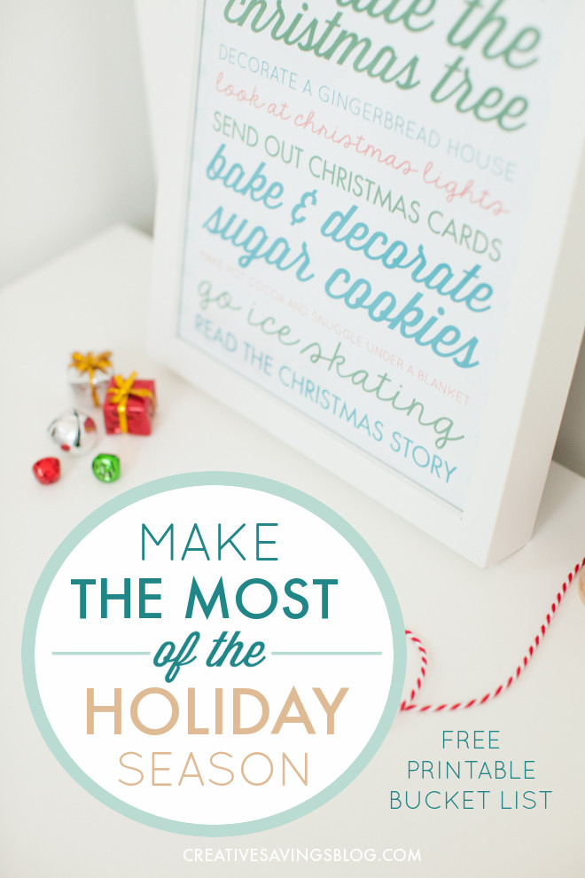 Make the most of the Holiday Season and focus on the moments that matter with a printable Christmas bucket list! Looks super cute in a frame and you can cross off each idea with a dry erase marker as your family completes them. Get ready to make this year your best December yet! #christmasbucketlist #holidaybucketlist #holidaytraditions #christmastraditions
