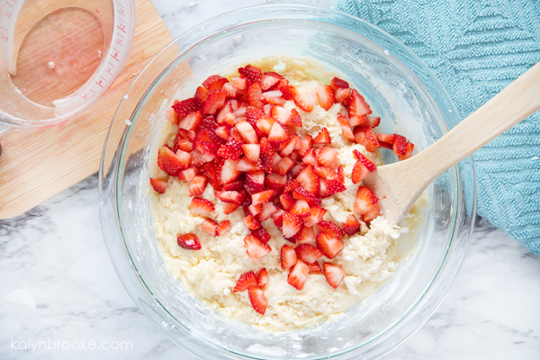gently fold the diced strawberries into this easy strawberry muffin mix
