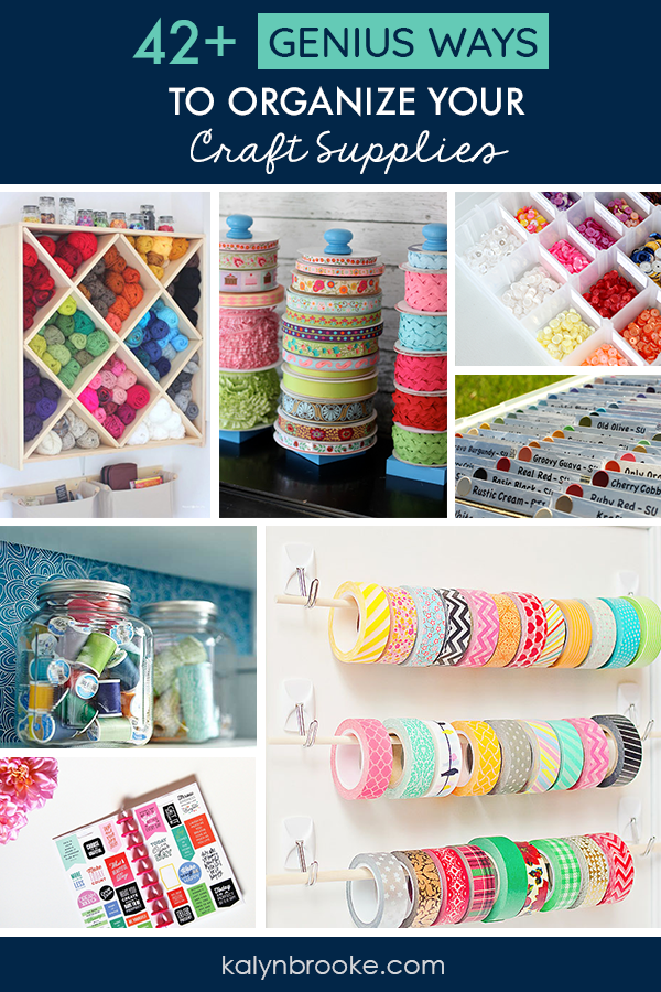 I love every one of these ideas for organizing craft supplies! Total #CraftRoomGoals. If you need a one stop shop for craft storage inspiration this is it! Everything is organized by category: Scrapbook Paper Organization, Sticker Organization, Stamp Organization, Washi Tape Organization, Ribbon Organization, Knitting Organization, Sewing Organization, and even craft organization tips for all the odds and ends in your craft room!