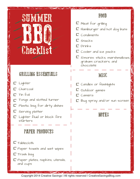 Download this free summer BBQ checklist and ALWAYS remember what to bring for your next picnic. Also includes extra space for notes!
