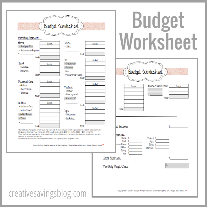 Use this FREE budget worksheet from Creative Savings to help guide you through your first budget!