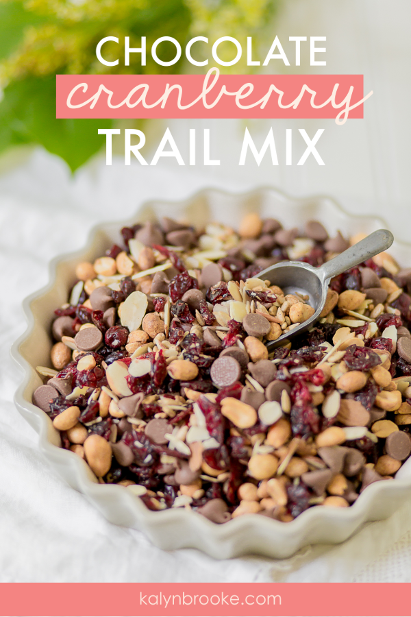 This easy trail mix recipe is not just quick to throw together, it tastes AMAZING! The ratio of chocolate, cranberries, and nuts are perfect—there's never any random nuts left in the bottom with no chocolate to go with it. And, it's a whole lot cheaper than buying trail mix off the grocery store shelf! #homemadetrailmix #trailmixrecipe #chocolatecranberrytrailmix 