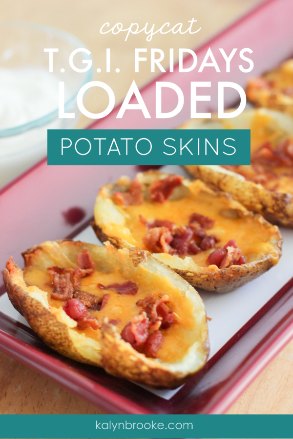 Make your own T.G.I. Fridays Loaded Potato Skins recipe with this easy copycat version. Your party guests will love the crispy coating, making them perfect to serve as Super Bowl appetizers, or whenever you have a cheese, bacon, and potato craving! #tgifpotatoskins #potatoskins #loadedpotatoskins #baconpotatoskins #copycatrecipe