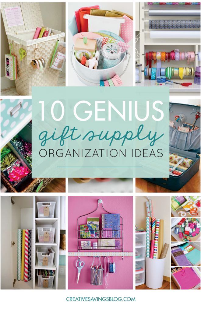 10 Genius Ideas to Organize Your Gift Supplies | I hate having to pull a giant tote out of the back of the closet every time I need a bag for a baby shower. These gift supply organization ideas are exactly what I've been looking for!!! I've got to do this so my gift supplies are neat, organized, and so easily accessible. 