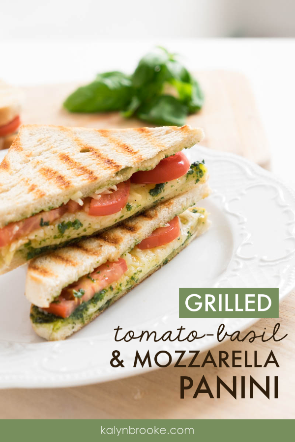 This Tomato Basil Panini is To. Die. For. I never thought I liked tomatoes on sandwiches, {and I still don't} but THIS is the exception. I just LOVE this Tomato Basil Sandwich. The best part is: it's an easy healthy lunch that tastes like you spent hours in the kitchen! #paniniideas #grilledpanini #lunchideas #tomatobasilpanini