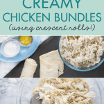Watch your family devour these chicken bundles full of creamy flavor. You can make these soft pillows regular-sized or cut them in half for mini appetizers or little hands. Everyone I've made this crescent rolls recipe for has absolutely adored them! #chickenbundles #easymeals #easyweeknightmeals #quickeasyrecipe #quickdinner #easyweeknightrecipe #crescentrollideas
