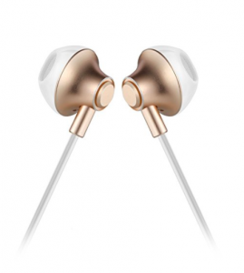 gold earbuds with white cord