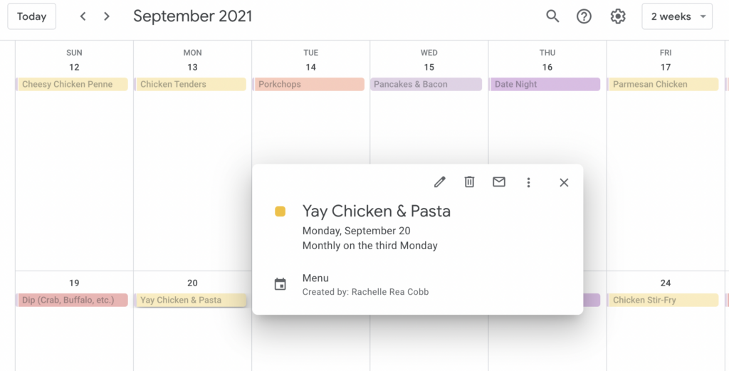 meal planning schedule in Google Calendar