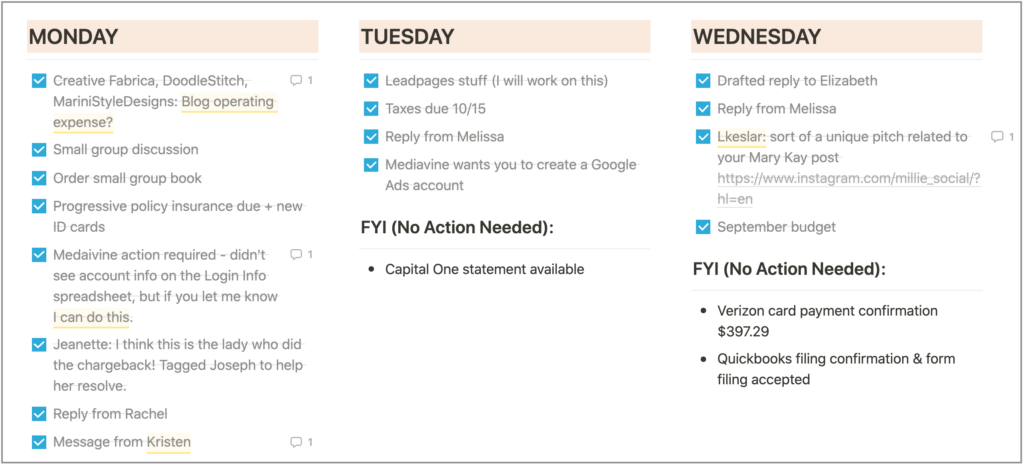 notion page of emails that require action