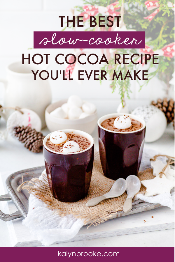 This slow cooker hot chocolate recipe tastes AMAZING! With rich, creamy, melt-in-your-mouth decadence, you'll never want to settle for instant hot cocoa packets again. Just pop a few ingredients in your crock pot, let it simmer for a couple hours, and enjoy a steaming hot beverage all night long! #slowcookerhotchocolate #hotchocolaterecipe #hotcocoarecipe
