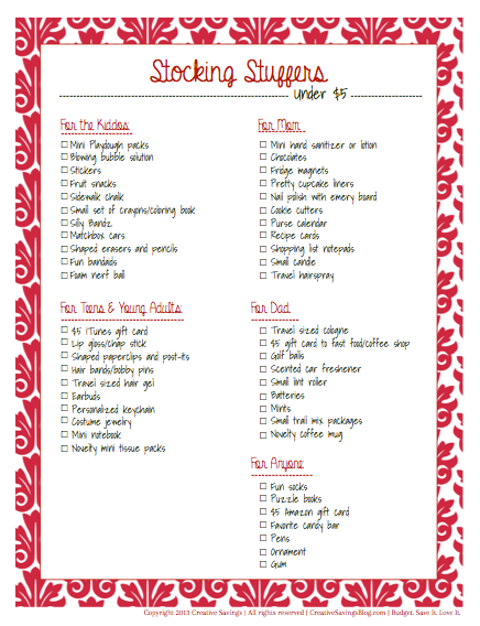 Print out this easy-to-use checklist to help shop for fun and festive stocking stuffers. Everything costs less than $5! 