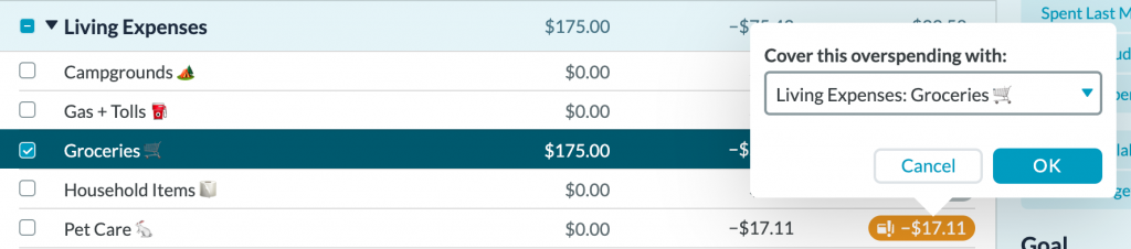 screenshot of YNAB screen with budget cateogires